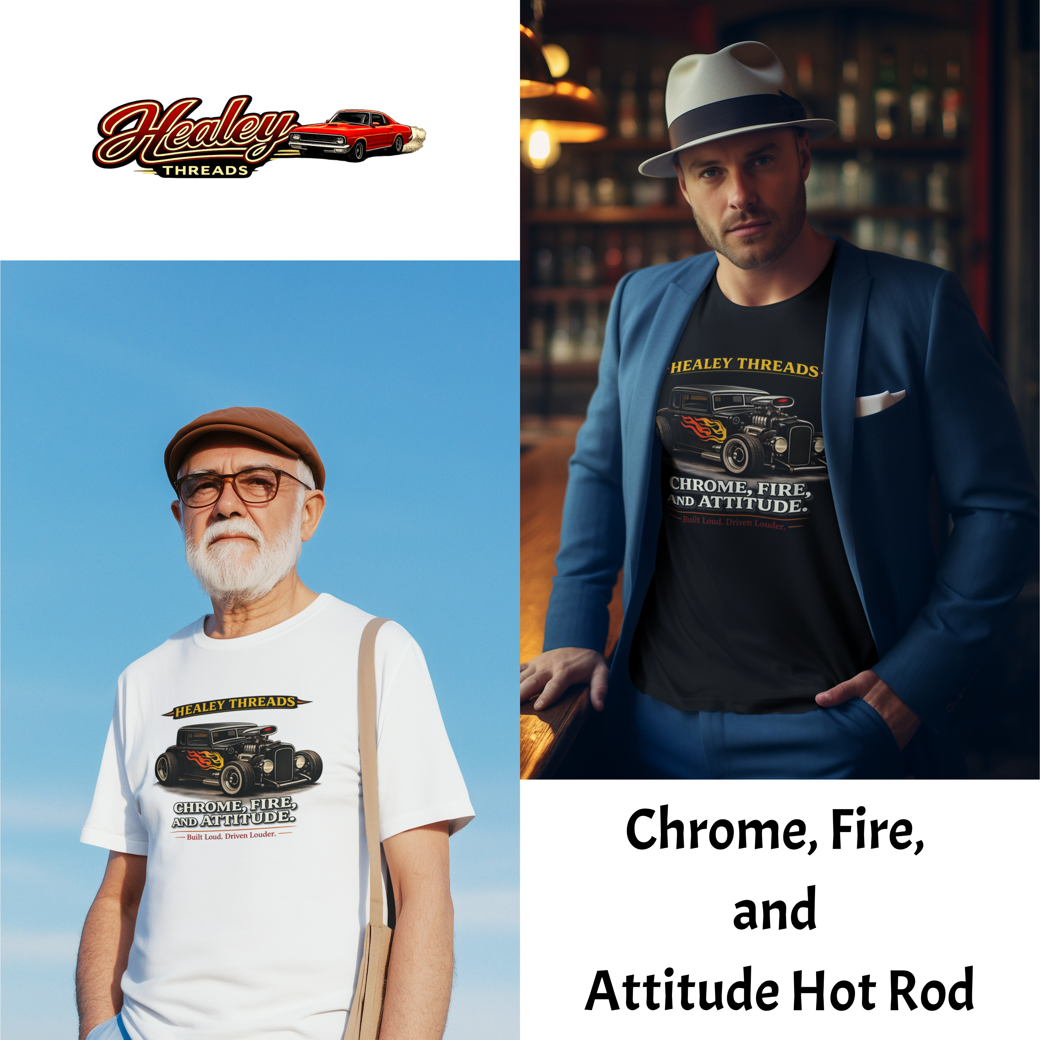 Two men wearing 'Healey Threads' t-shirts with a hot rod car design, set against different backdrops.