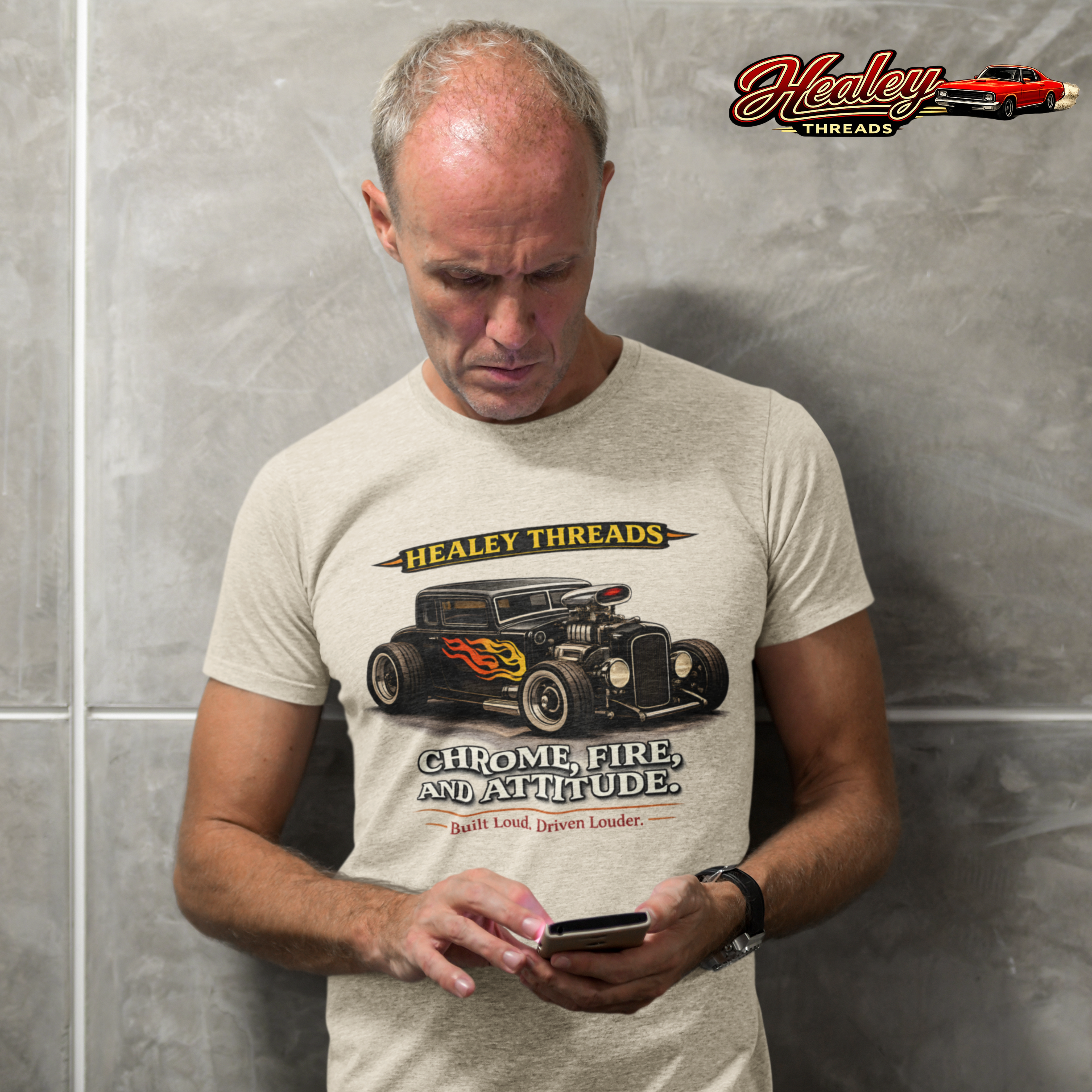 Man wearing a sand colored t-shirt with a hot rod car graphic and 'Healey Threads' text, standing against a gray wall.