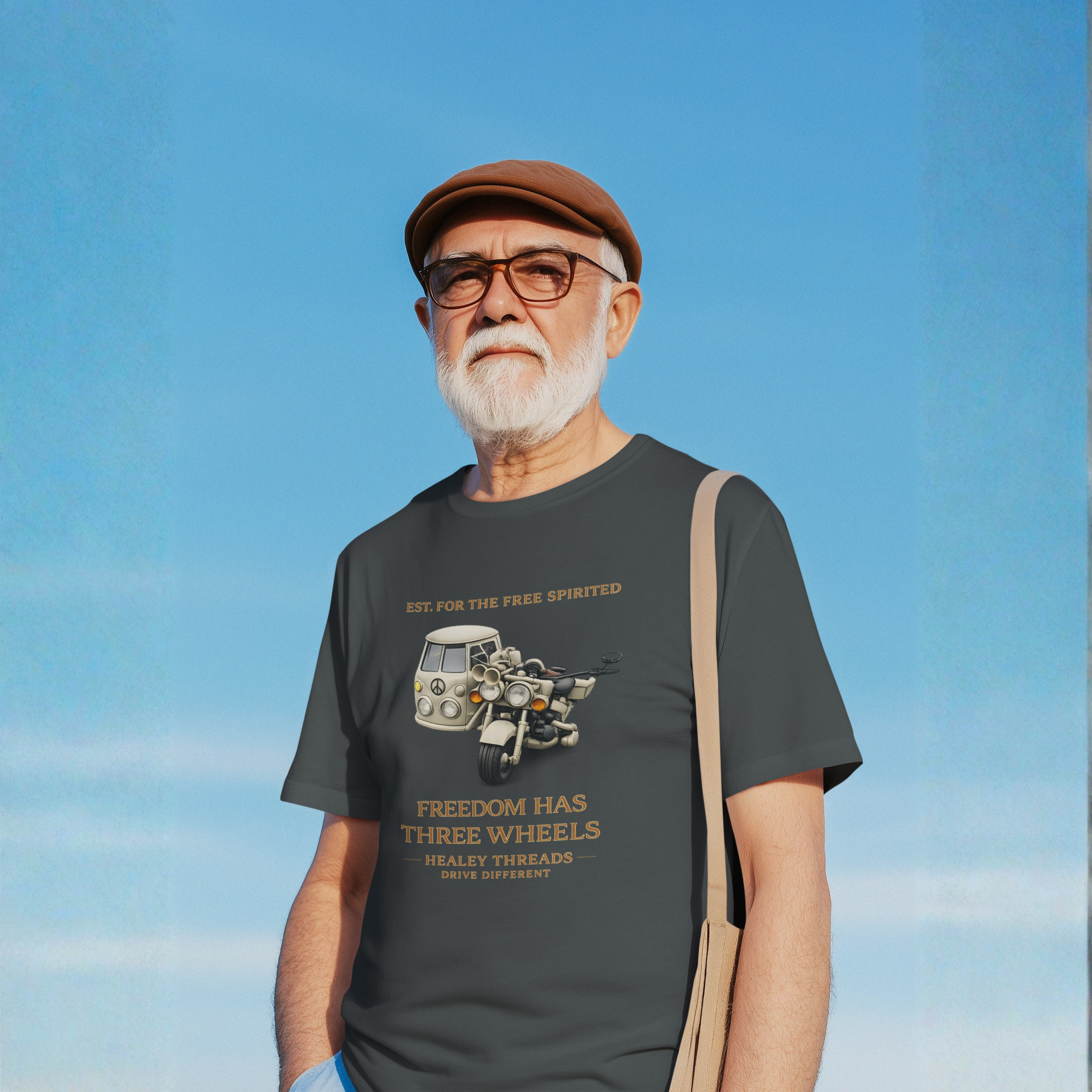 Man in gray tee, "Freedom Has Three Wheels" vintage motorcycle sidecar graphic, blue sky background
