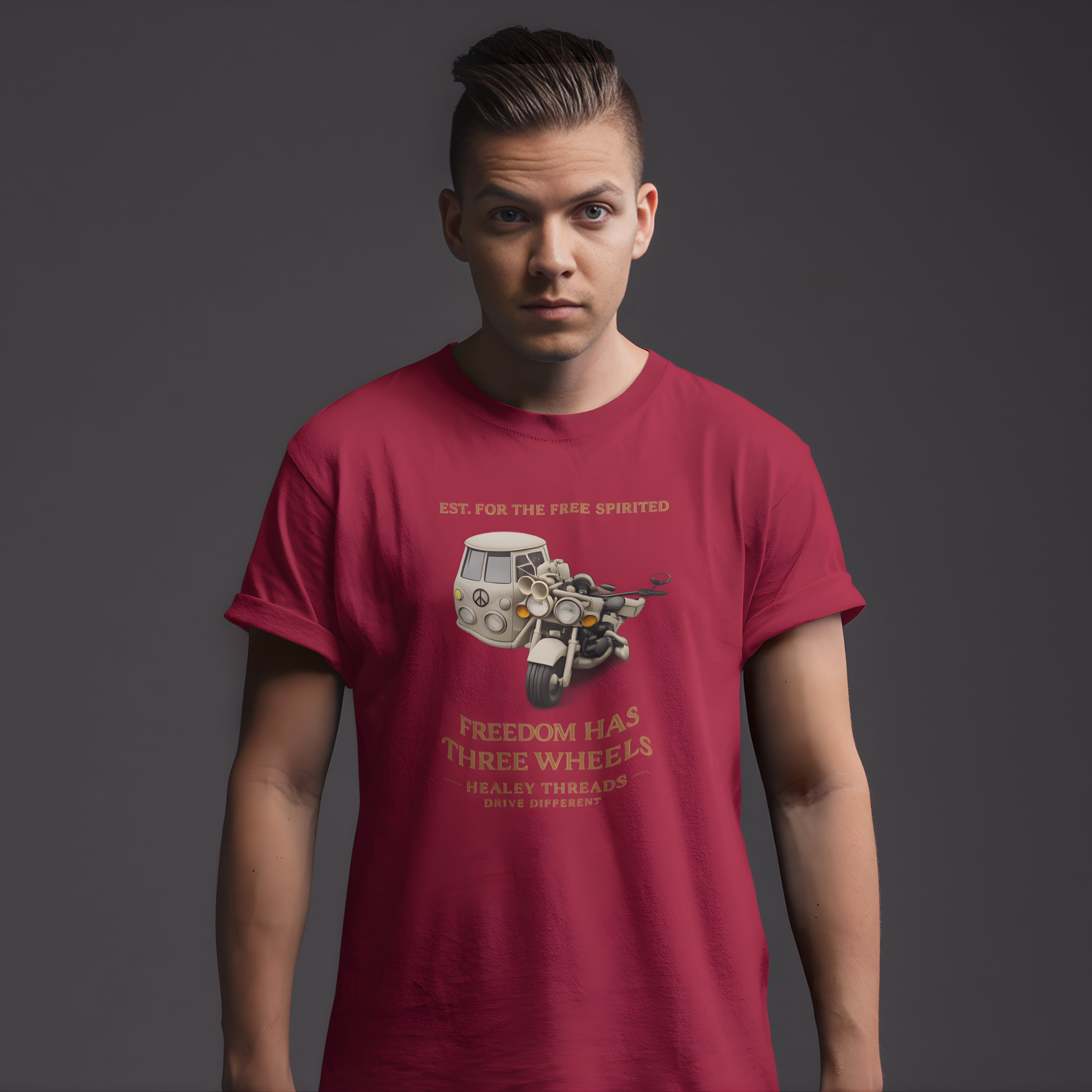 Man wearing a red t-shirt with Cream motorcycle-sidecar van mashup with peace symbol and gold "Freedom Has Three Wheels" text on a dark background