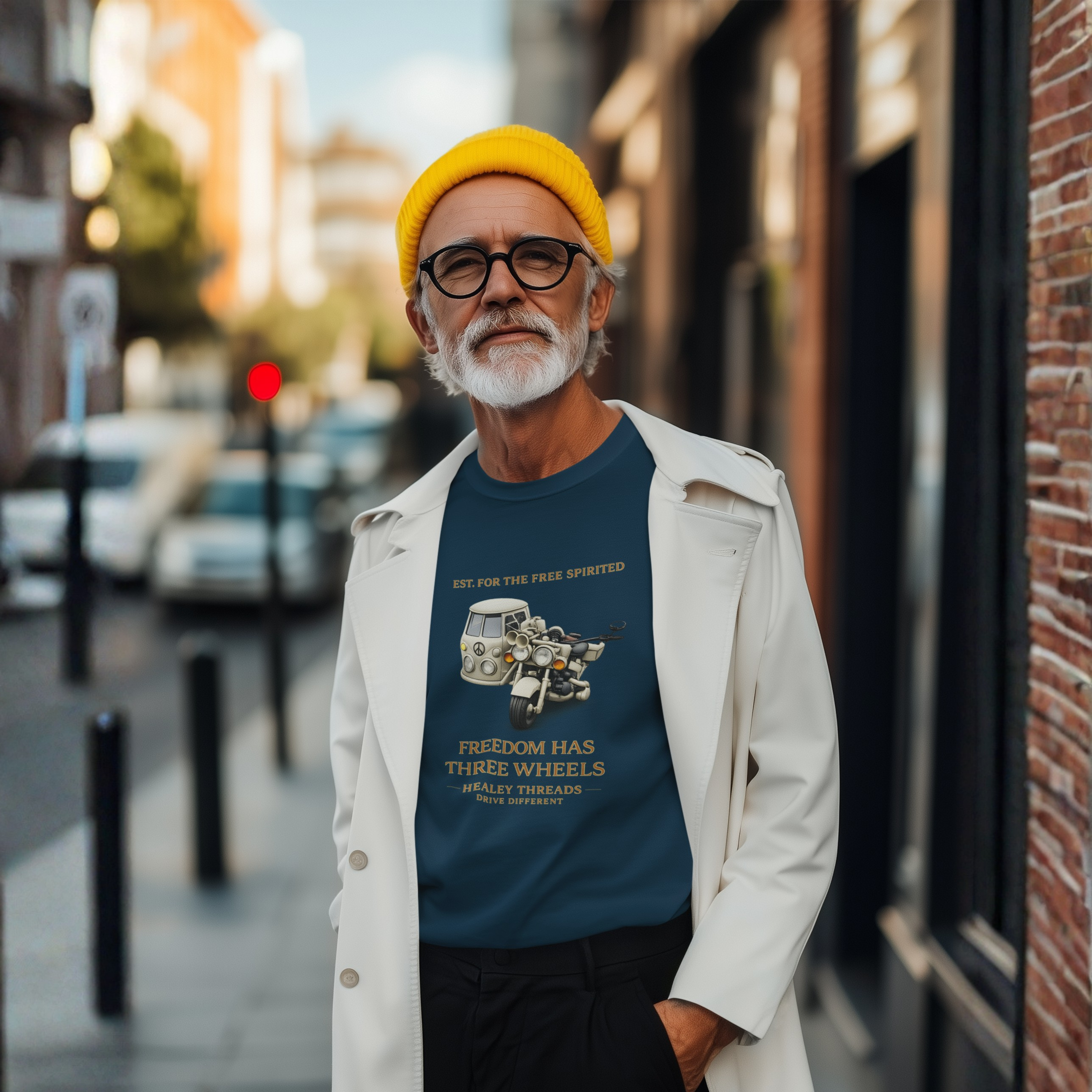 Man in blue tee with cream motorcycle-sidecar van graphic and gold "Freedom Has Three Wheels" text, city street background.