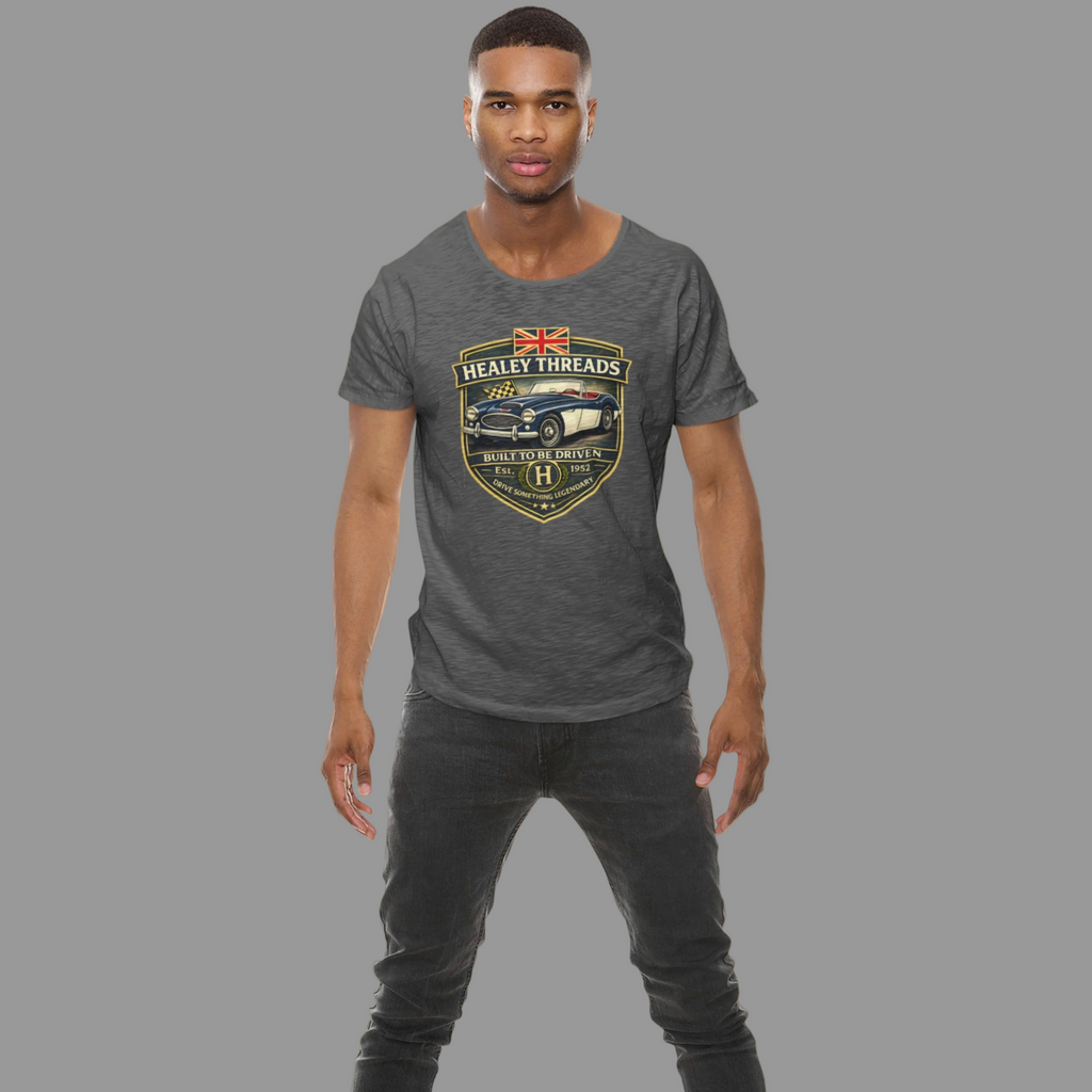Man wearing a gray t-shirt with a Healey Threads logo and text on a gray background