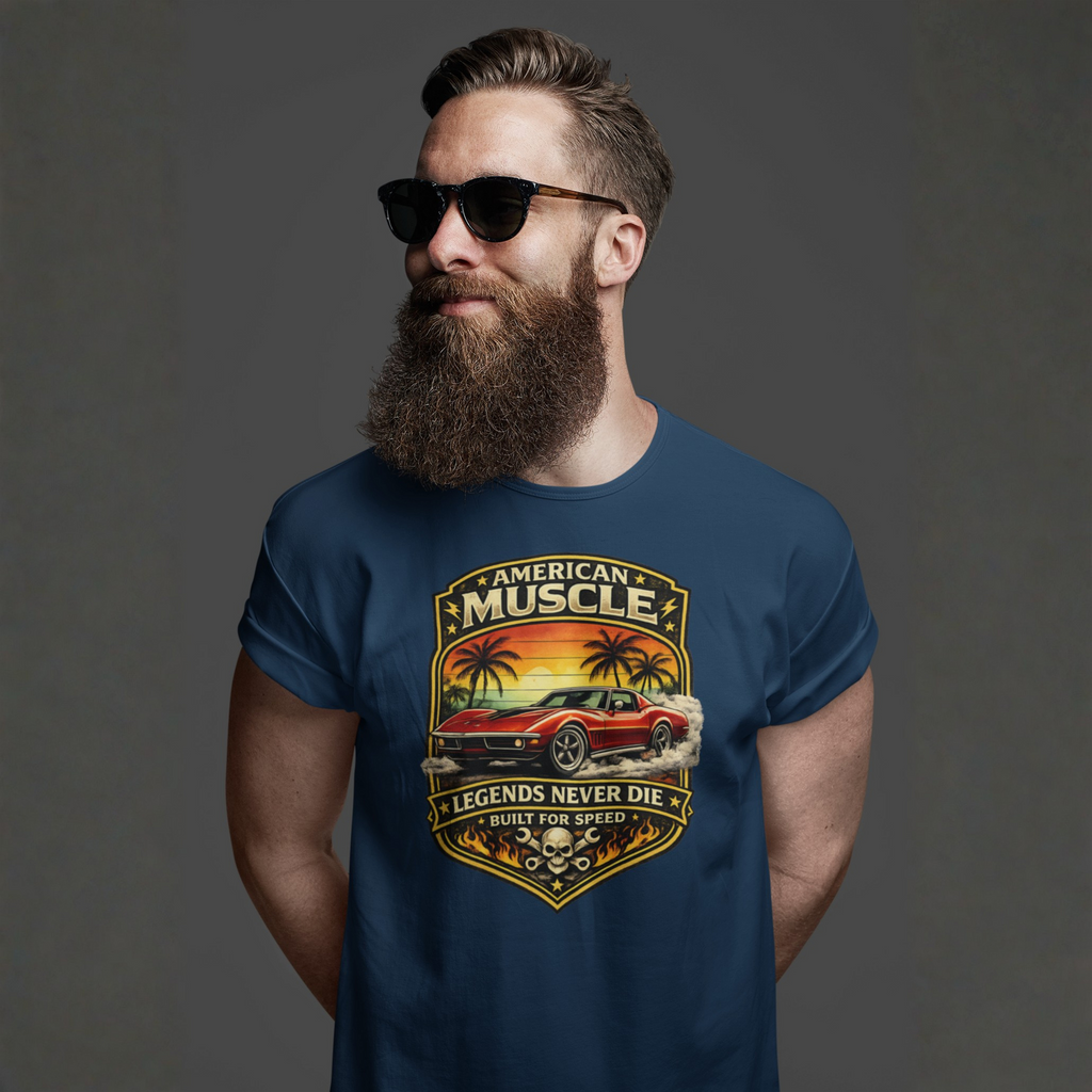 Man wearing a blue t-shirt with 'American Muscle' graphic car design on a dark background
