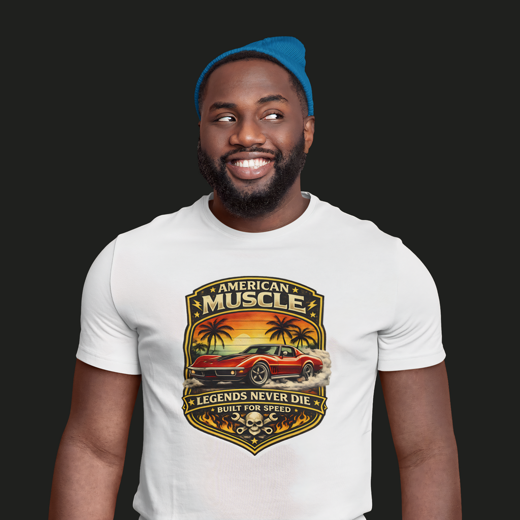 Man wearing a white t-shirt with 'American Muscle' graphic classic car design on a black background