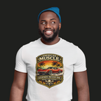 Man wearing a white t-shirt with 'American Muscle' graphic classic car design on a black background