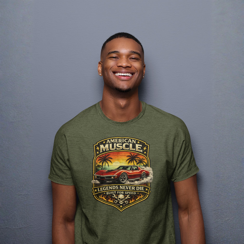 Man wearing a military green t-shirt with a graphic design of a car and text on a gray background