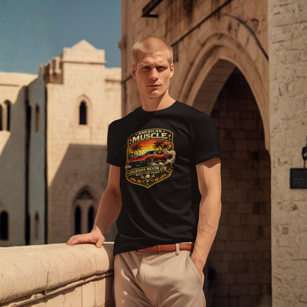 Man wearing a black t-shirt with a graphic car design in front of a stone building.