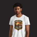 Man wearing a white t-shirt with a 'American Muscle' car graphic design.