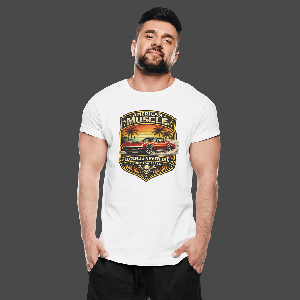 Man wearing a white t-shirt with a classic car graphic design on a gray background