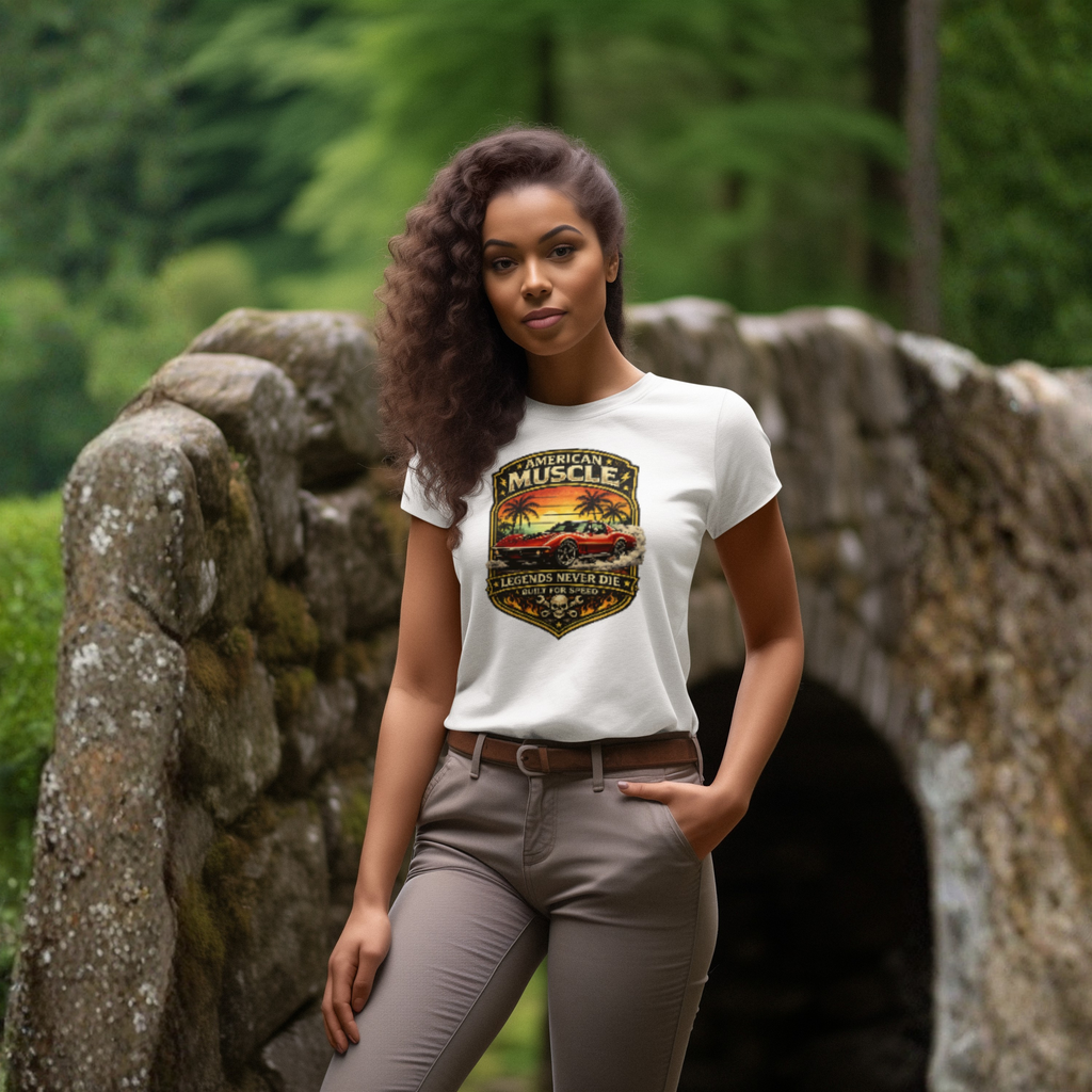 Woman wearing a white t-shirt with a classic car graphic design in a forest setting