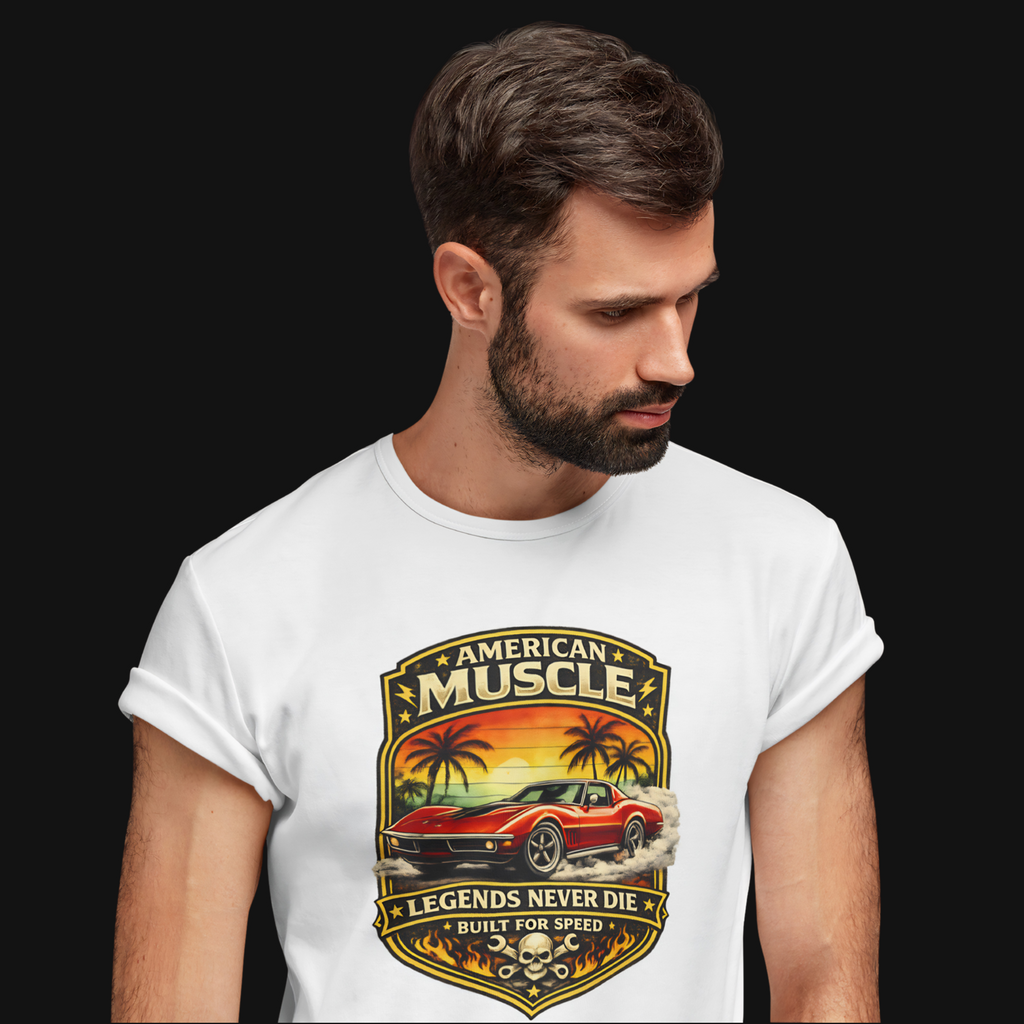 Man wearing a white t-shirt with 'American Muscle' car graphic design.