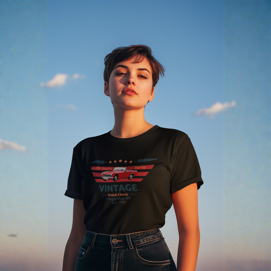Woman wearing a black t-shirt with a vintage car graphic against a blue sky.