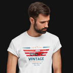 Man wearing a white t-shirt with a vintage car design on a black background