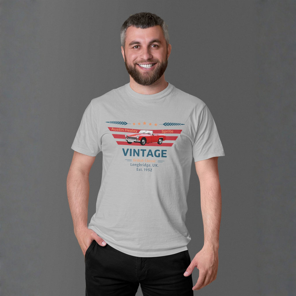 Man wearing a sport gray t-shirt with a classic car graphic design on a gray background
