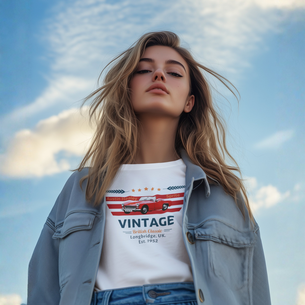 Woman wearing a white t-shirt with a red classic car graphic and 'Vintage' text against a blue sky.