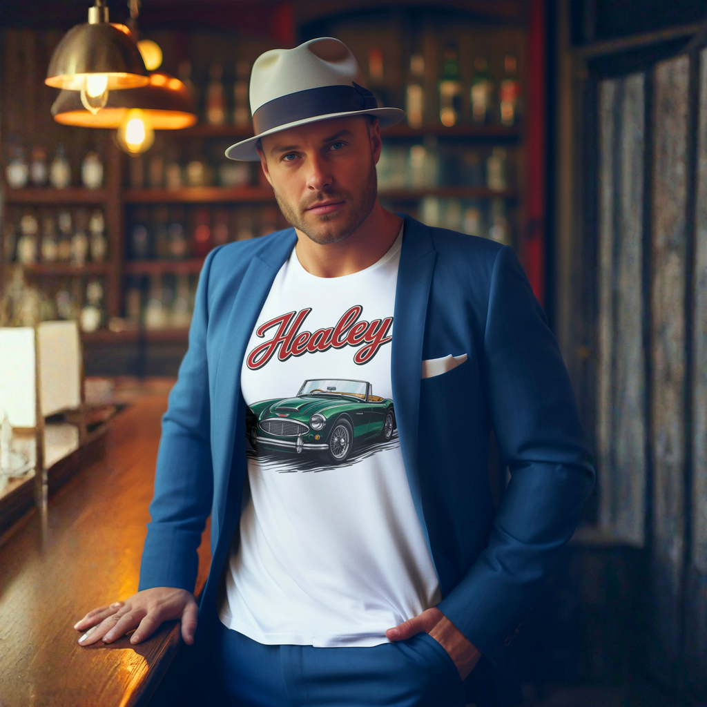 Man wearing a white t-shirt with 'Healey' classic car design and a blue blazer in a bar setting