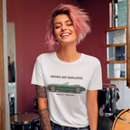 Woman wearing a white t-shirt with a classic car graphic design and text, standing in a room with musical instruments.