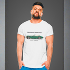 Man wearing a white t-shirt with a green classic car graphic and text on a gray background