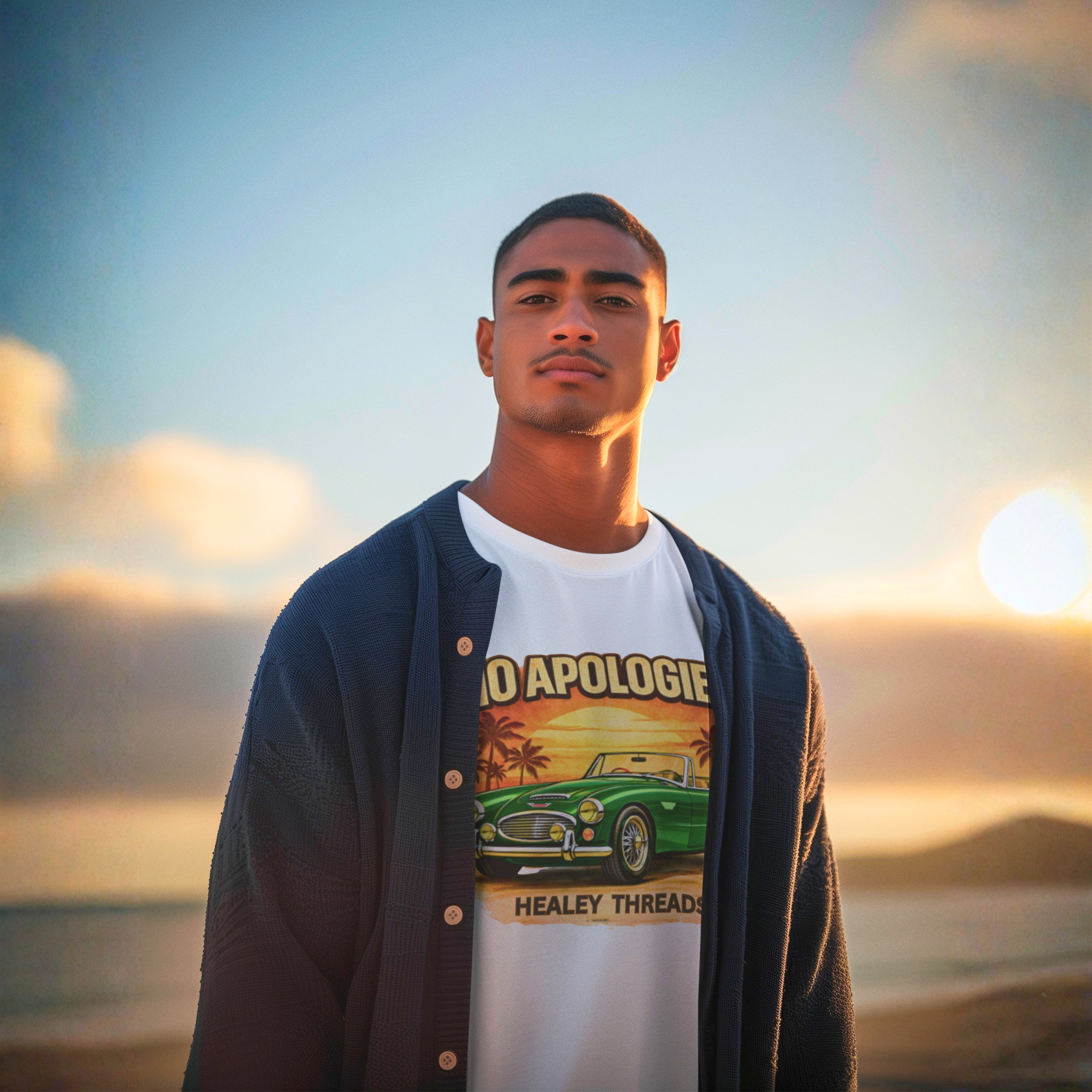 Man wearing a white t-shirt with a graphic design of a green Healey car and text, standing against a sunset sky.