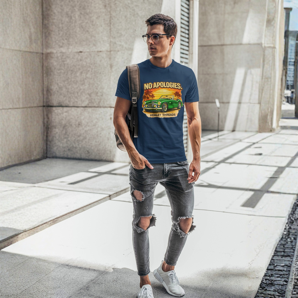 Man wearing a navy blue t-shirt with a classic car graphic design and text, standing on a city street.