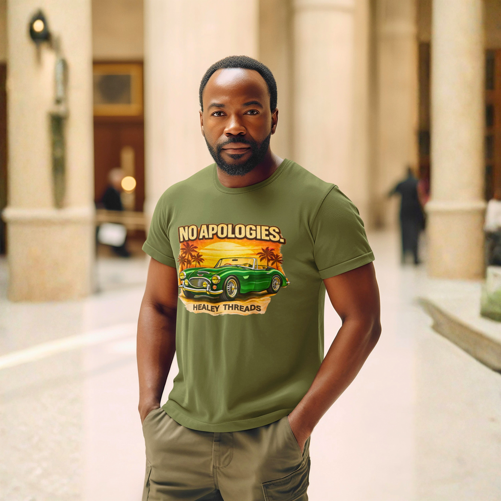 Man wearing a military green t-shirt with a classic car graphic design in an indoor setting