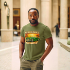 Man wearing a military green t-shirt with a classic car graphic design in an indoor setting