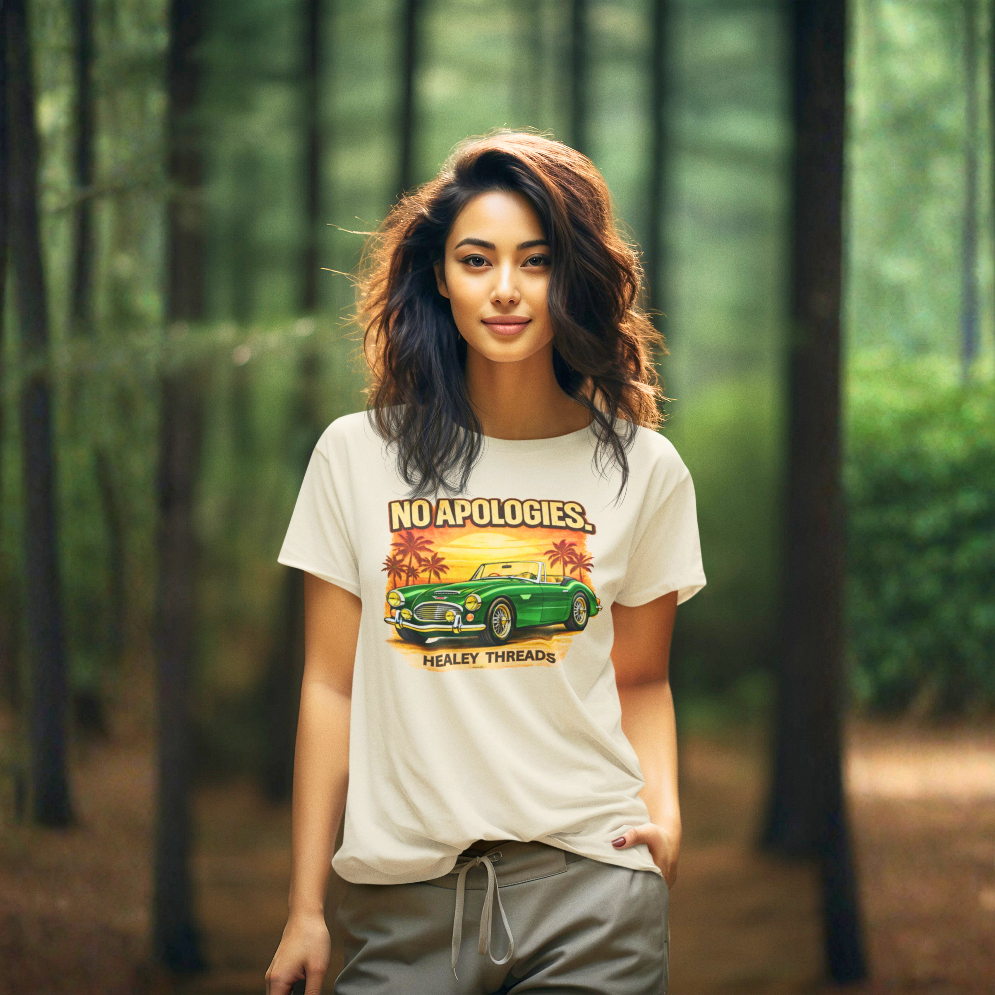 Woman wearing a white t-shirt with a graphic Healey car design in a forest