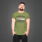 Man wearing a military green t-shirt with a classic car graphic and text on a gray background