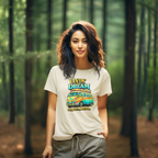 Woman wearing a t-shirt with a colorful van graphic design in a forest setting