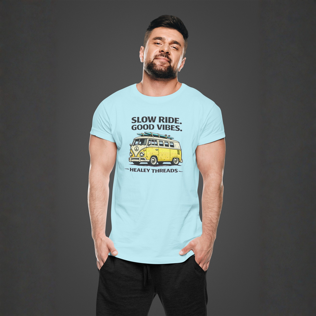 Slow Ride Good Vibes T-Shirt — Retro Yellow Camper Van Surf Tee