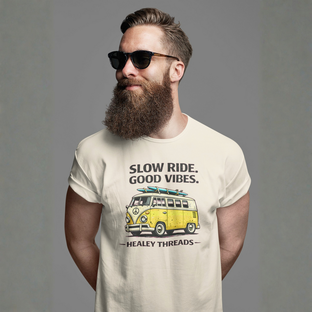 Slow Ride Good Vibes T-Shirt — Retro Yellow Camper Van Surf Tee