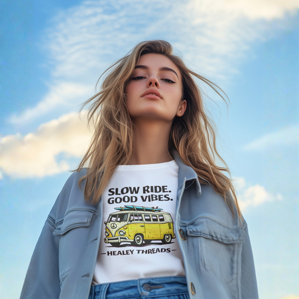 Slow Ride Good Vibes T-Shirt — Retro Yellow Camper Van Surf Tee