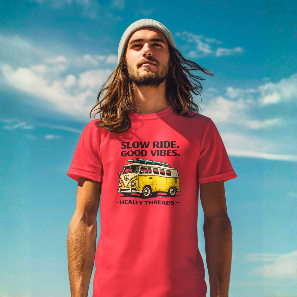 Slow Ride Good Vibes T-Shirt — Retro Yellow Camper Van Surf Tee