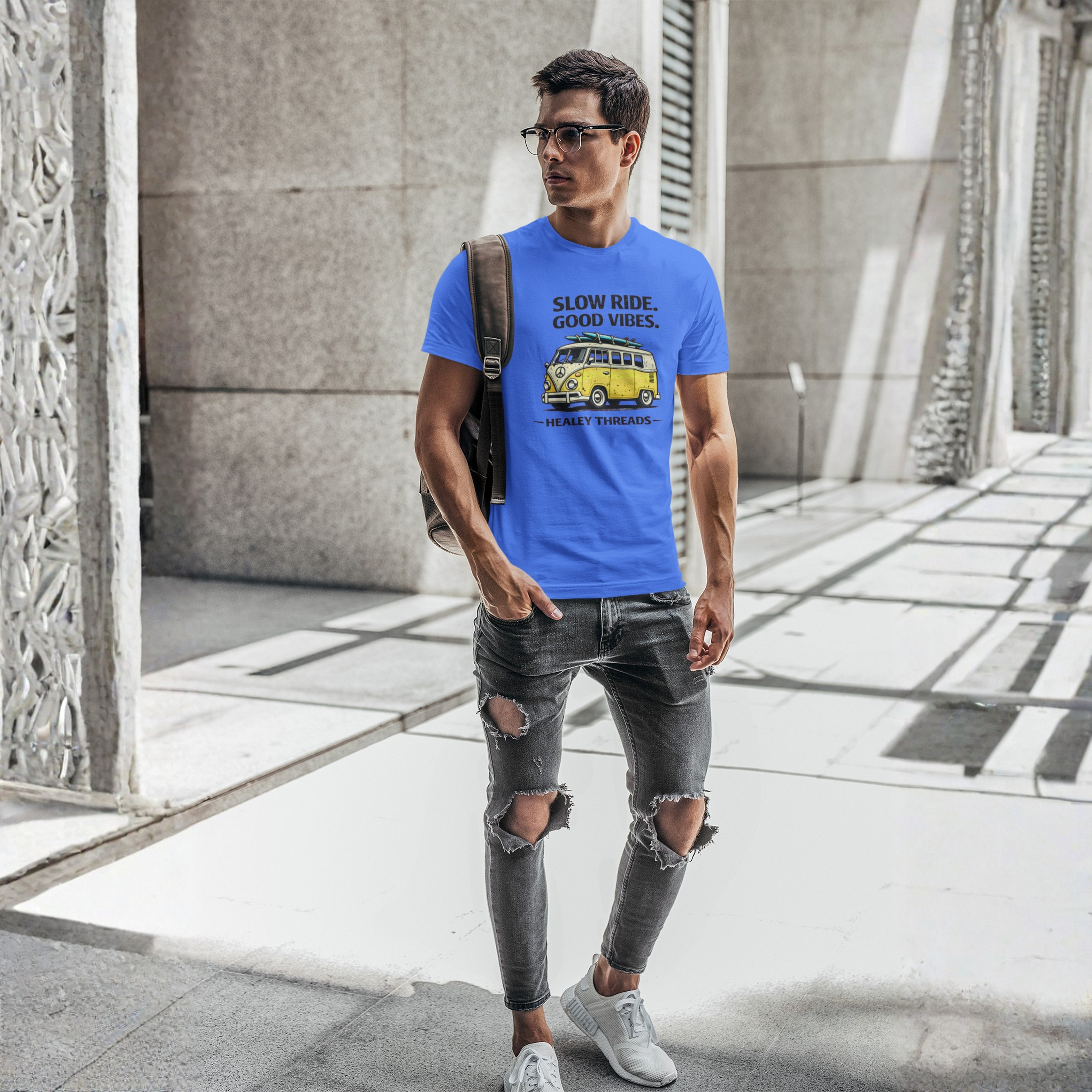 Slow Ride Good Vibes T-Shirt — Retro Yellow Camper Van Surf Tee