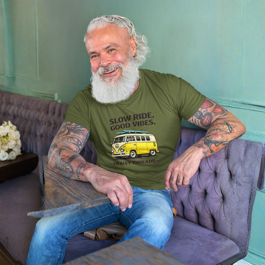 Slow Ride Good Vibes T-Shirt — Retro Yellow Camper Van Surf Tee