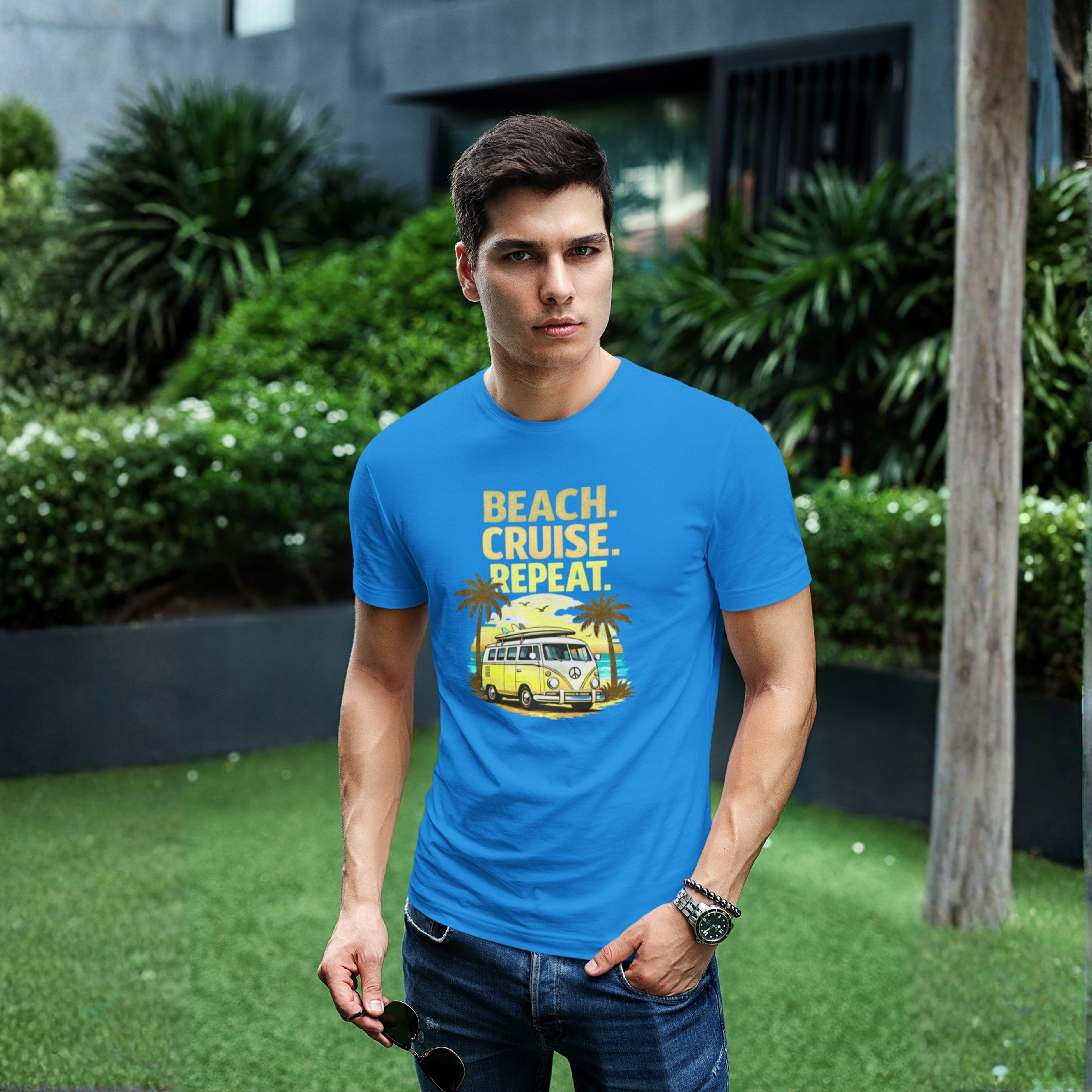 Beach Cruise Repeat Tee - Retro Palm Sunset Shirt