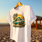 White t-shirt with a graphic design of a Mopar van and sunset, hanging on a beach.