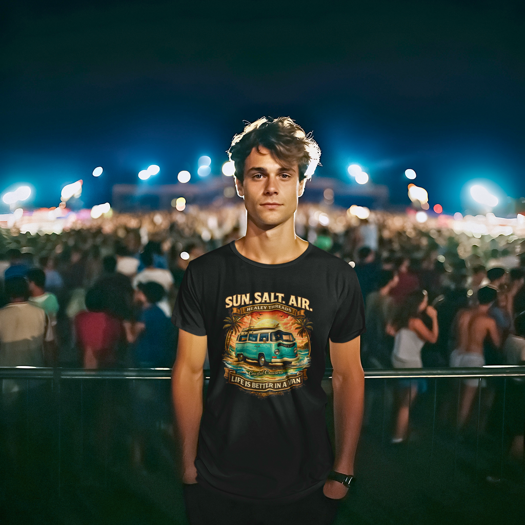 Person wearing a black t-shirt with a graphic van design at a concert or festival.