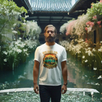 Man wearing a white t-shirt with a graphic van design standing in front of a pond with flowers and a traditional building.