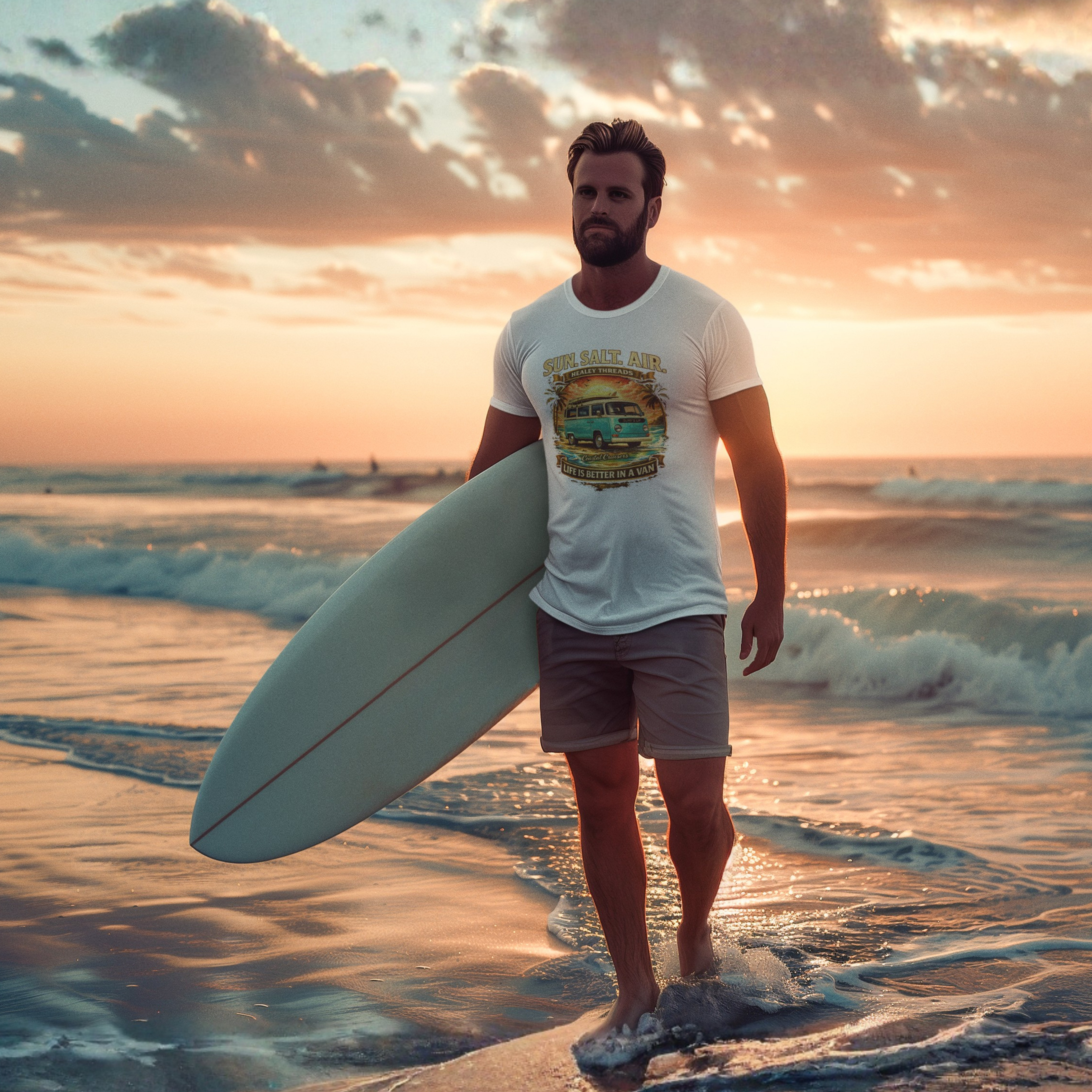Man holding a surfboard wearing a white t-shirt  featuring a retro surf van beach graphic with palm trees and a sunset, reading "Sun. Salt. Air., Coastal Cruisers, Healey Threads."