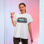 Woman wearing a white t-shirt with a graphic Healey design and text, posing against a gradient background.