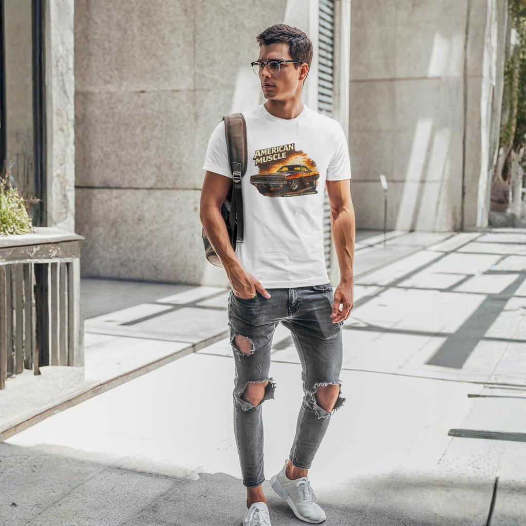 Man wearing a white t-shirt with a graphic design and ripped jeans, standing on a city street.