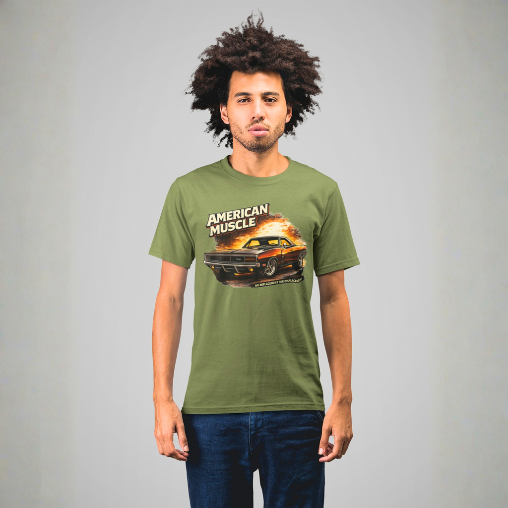 Man wearing a military green t-shirt with 'American Muscle' graphic design on a gray background