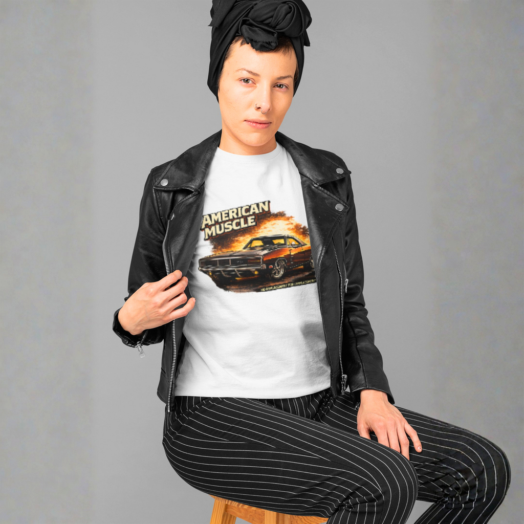 Woman wearing a white t-shirt with 'American Muscle' graphic and black leather jacket on a gray background