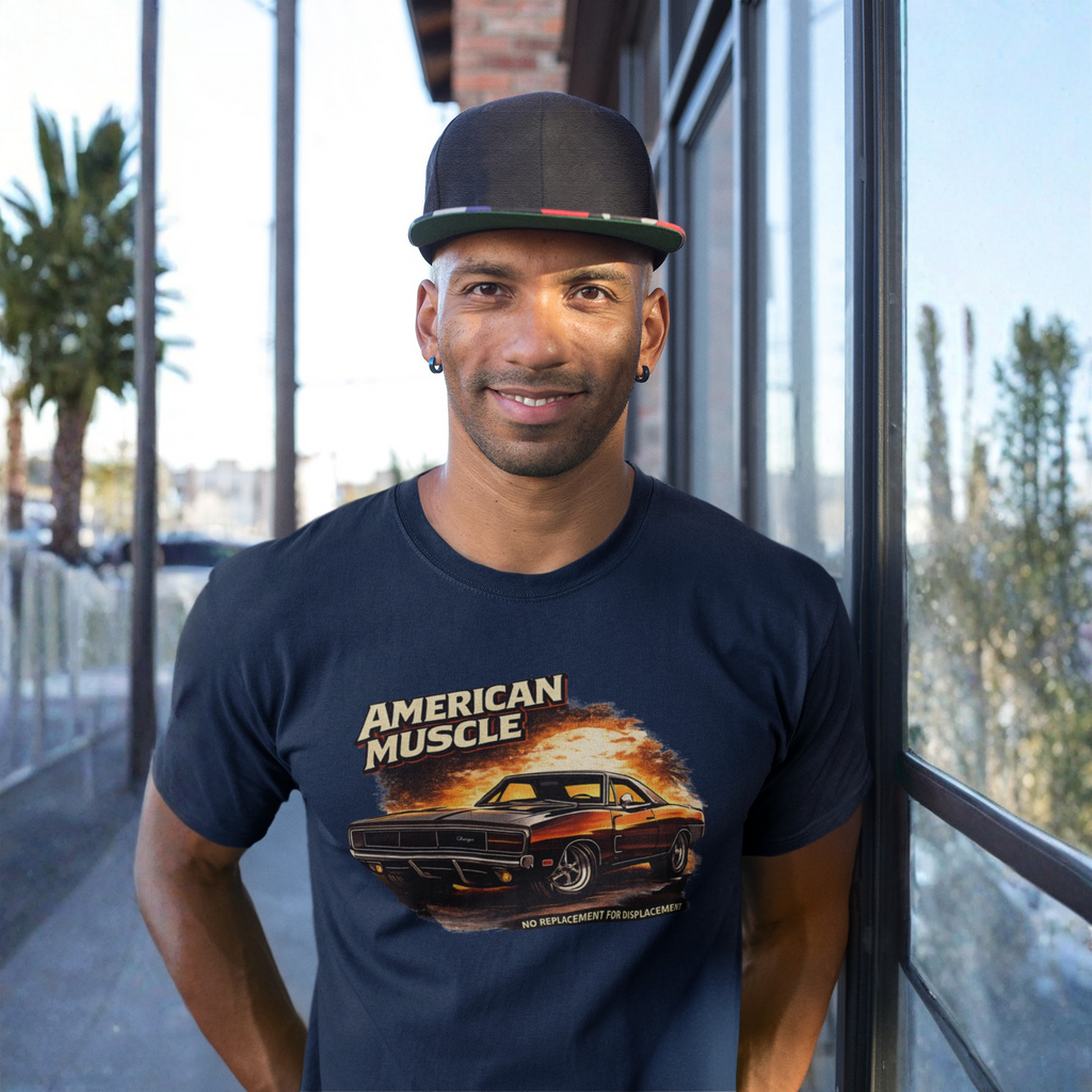 Man wearing a navy blue t-shirt with 'American Muscle' graphic design, standing outdoors.