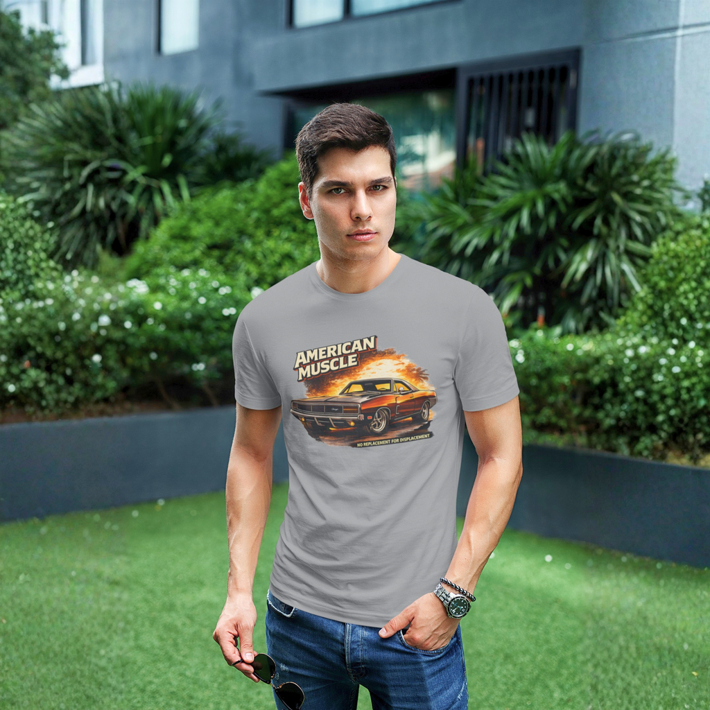 Man wearing a gray t-shirt with an American Muscle graphic design outdoors.