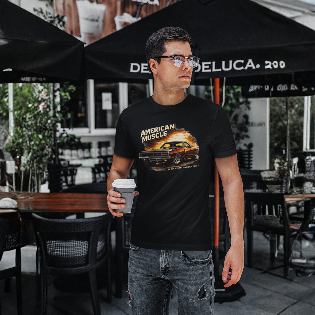 Man wearing a black t-shirt with a car graphic and 'American Muscle' text, holding a coffee cup outdoors.