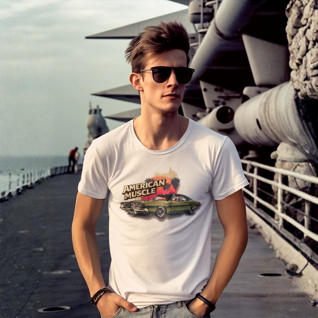Man wearing a white t-shirt with 'American Muscle' graphic on a ship deck.