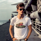 Man wearing a white t-shirt with 'American Muscle' graphic on a ship deck.