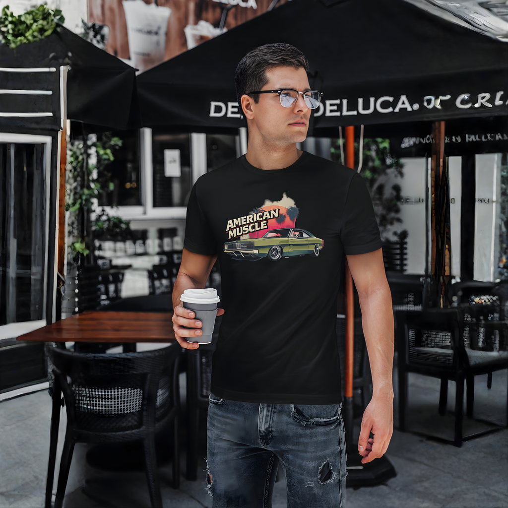Man holding a coffee cup wearing a black t-shirt with a graphic design in an outdoor cafe setting.